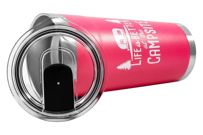 Camco® 53061 - "Life Is Better At The Campsite" 20 Oz. Pink Stainless Steel Thermo Tumbler With "Life Is Better At The Campsite" Logo 2 Camco® 53061 - "Life Is Better At The Campsite" 20 Oz. Pink Stainless Steel Thermo Tumbler With "Life Is Better At The Campsite" Logo - Image 2